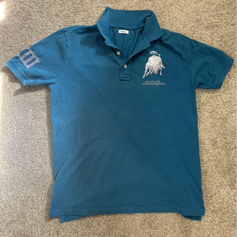 AUTOMOBILI Lamborghini L Blue Short Sleeve Knit Cotton Essential Polo size L